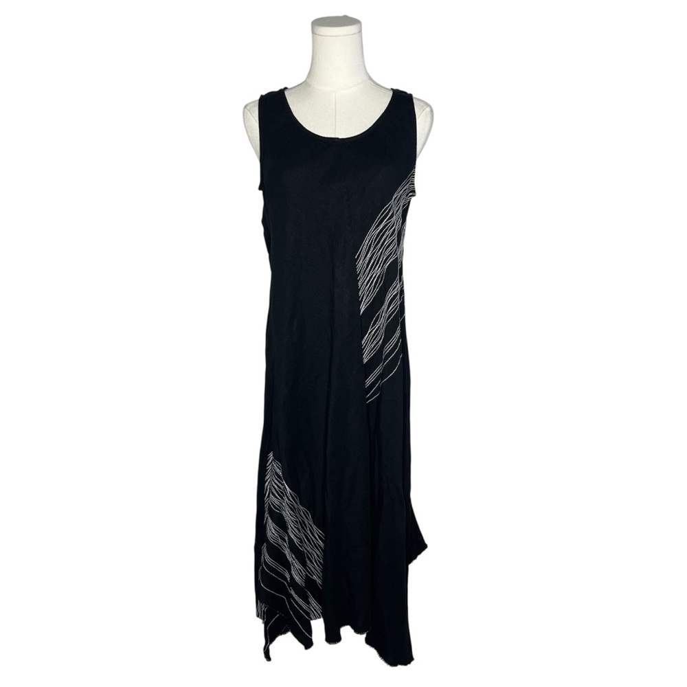 Vintage Black Linen Blend Abstract Stripe Sleeveless Asymmetrical Midi Dress